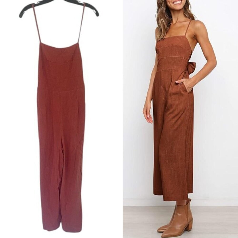 New! Anrabess Red Wide Leg Tie Back Jumpsuit Size Small 26845